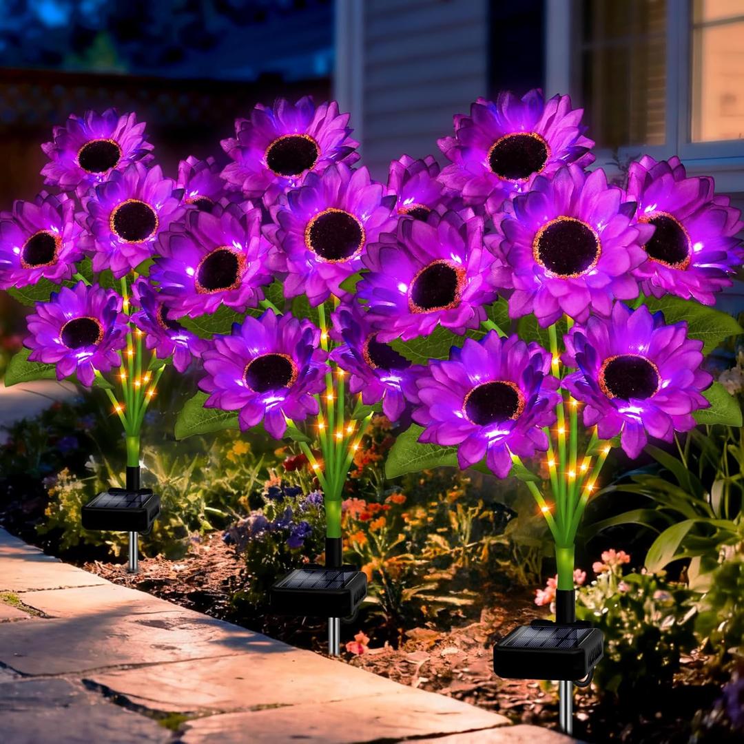 Solar Sunflower Lights Outdoor Garden Decor, 3 Pack Solar Purple Flowers Lights with 18 Sunflowers, Waterproof Fall Decor Stake Decorative Light Auto ON/Off for Garden Yard Patio, Gift for Women