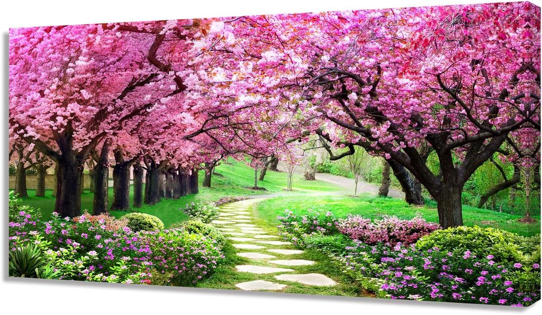 Aibonnly Canvas Wall Art Painting Pink Cherry Blossoms 1 Piece Park Tree Forest Wallpaper Spring landscape Picture Poster Print Framed and Stretched Ready to Hang for Living Room Bedroom Artwork (48"L x 24"W)