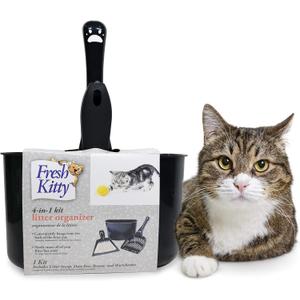 Fresh Kitty 4-in-1 Litter Box Organizer Cleanup Kit  Cat Litter Box Cleaning Supplies  Sweeper & Dustpan, Scooper, Storage Caddy, Charcoal