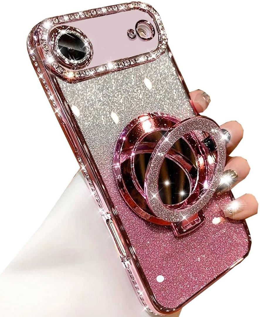 Magnetic Kickstand Glitter Case for iPhone Air,[Compatible with Magsafe] Cute Bling Sparkly Rhinestones with Camera Lens Protector& Makeup Mirror Women Girls Case for iPhone 17 Air 6.5", Pink