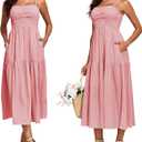 Women Spaghetti Straps Smocked Maxi Dress Tiered Pleated Beach Sundress | Boned Bodice Beach Long Dress With Pockets Square Neck Flowy Swing Ruffled Summer Boho Dress Casual Vacation Outfits (Pink, XS)