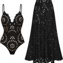 FLAXMAKER Women's One Piece Bathing Suit Petal Hollow V Neck Swimsuit and Skirt (Black, M)