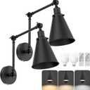 2-Pack Battery Operated Swing Arm Led Wall Sconces with Remote & 5500mAh Rechargeale Light Bulbs, 3-Color Dimmable Indoor Non-Hardwired Metal Wall Light for Bedroom Living Room Kitchen(Black)