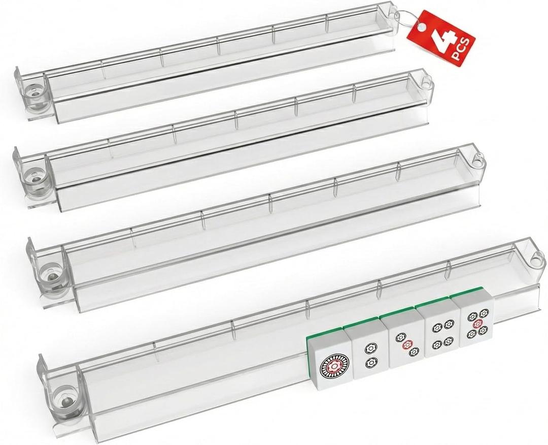 Permium Mahjong Racks with Pushers 4-Piece Set Clear Acrylic Mahjong Tiles Racks with Built-in Pushers Mahjong Accessories Transparent Mahjong Tile Holder, 18.5 x 3.5 x 2.13 Inches
