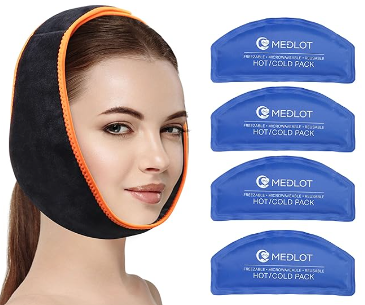 MedLot Face Ice Pack Wrap for TMJ, Wisdom Teeth, with 4 Reusable Hot Cold Therapy Gel Packs, Pain Relief for Head, Oral and Facial Surgery, Dental Implants, Blue