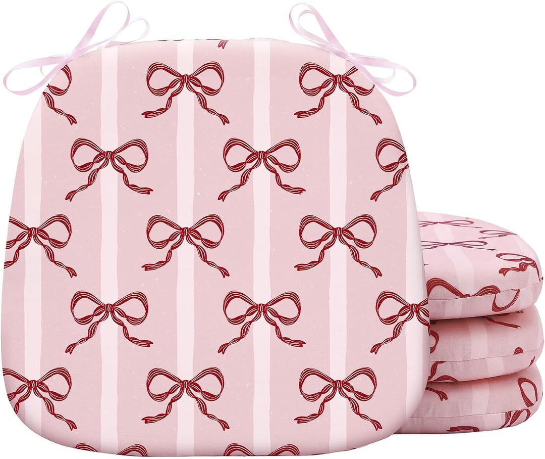 4 Pack Pink Bow Chair Cushions for Dining Chairs 17" x 16" x 2" D-Shaped Breathable Linen Kitchen Chair Pads with Ties Washable Non Slip Seat Cushion for Dining Kitchen Office Indoor