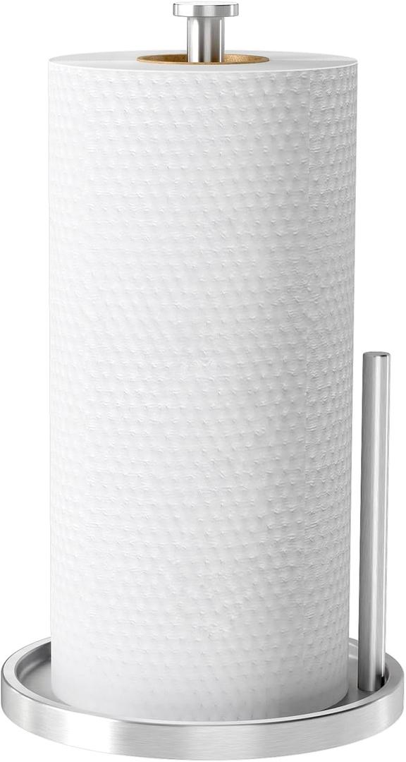 Paper Towel Holder Countertop, Standing Paper Roll Holder with Anti Slip Weighted Base, Stainless Steel Freestanding Paper Towel Holder for Kitchen, Silver