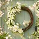 Boao Rustic Spring Wreaths for Front Door with Yellow Fake Bird White Rose Cherry Blossoms Grapevine Artificial Flower Wreath Farmhouse Outdoor Floral Wreaths Outdoor Indoor Home Decorations, 10 Inch