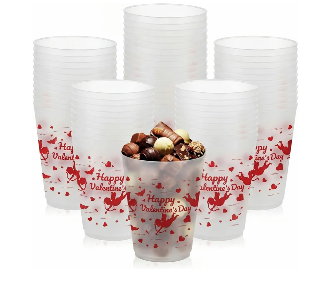Widecook 24 Pcs Happy Valentines Party Cupid Cup Glow in The Dark Frosted Cups with Cupid Heart Star Decoration 16 oz Reusable Red White Cups Plastic Tumbler for Galentines Birthday Party Supplies