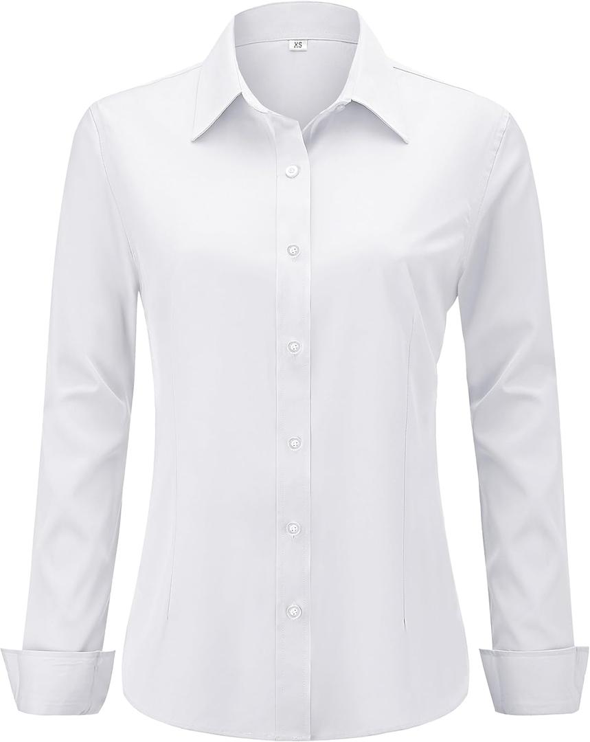 hearain Soft Wrinkle-Free Women's Button Down Dress Shirts Solid Long Sleeve Work Blouses Fit Stretch Casual Tops XXS-6XL (00108_white)