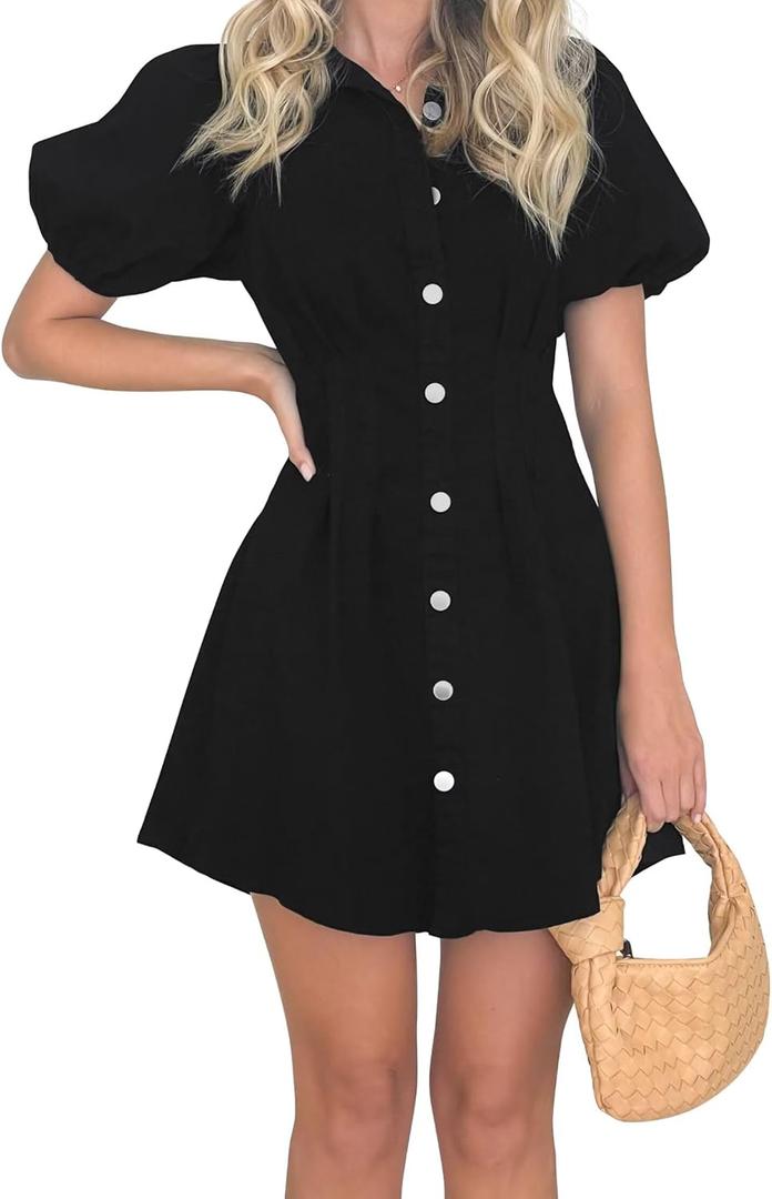 KDF Summer Denim Dress for Women Puff Sleeve Slim Fit Jean Dresses for Women 2025 Casual (Medium, Black)