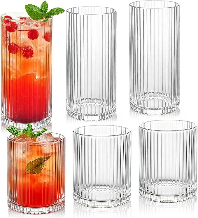 Ribbed Drinking Glasses 7 pcs, Glassware, Tumbler Glasses Cup Set for Wedding, Party, Christmas Gift, Clear