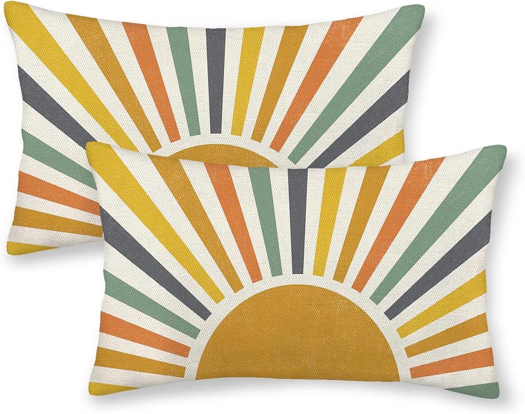 2 x Summer Pillow Covers 12x20 Inch Set of 2, Stripes Yellow Sunshine Decorations Outdoor Throw Pillows Boho Outdoor Rainbow Sun Pillowcase Linen Decor Cute Lumbar Cushion Case for Home Bedroom
