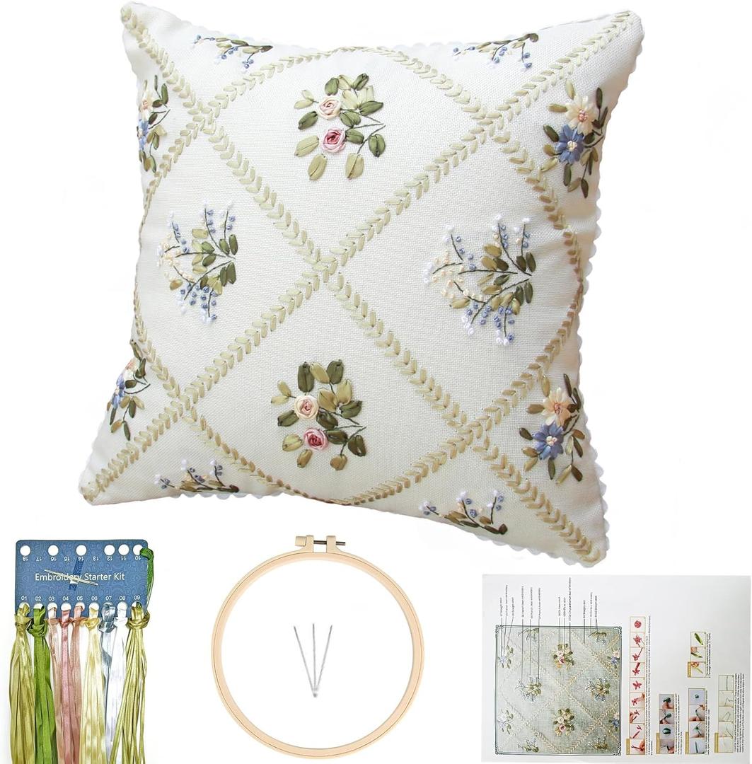 FONNUY Crewel Ribbon Embroidery Kit, Floral Pillow Covers, DIY Pillowcase Kits for Audlt Beginners, 18 x 18'' (White)