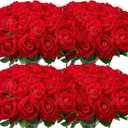 Wondrus Bulk Artificial Flowers 100 PCS, Fake Velvet Silk Red Roses with Long Stems Realistic Bouquet for Wedding Centerpieces, Faux Arrangement for Home Table Decor