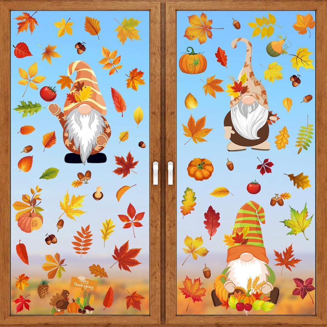 2 x Fall Gnome Window Clings, 93Pcs Thanksgiving Gnome Clings Fall Leaves Window Decals Stickers for Glass Windows for Thanksgiving Autumn Home Party Windows Decorations