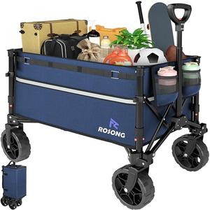 ROSONG Collapsible Wagon Cart with Wheels Foldable - Folding Utility Heavy Duty Wagons Carts for Grocery Sports Garden Shopping Camping Wheelbarrows (Navy Blue, 120L)
