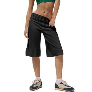 Fisoew Womens High Waisted Bermuda Long Shorts with Pocket Workout Wide Leg Loose Knee Length Shorts Cotton Short Pants 11" Black, Size M