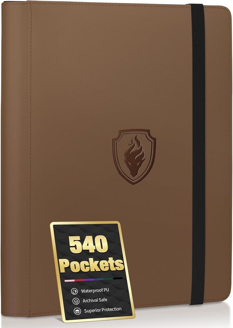Premium 9 Pocket Card Binder for 540 Cards, Fabmaker PU Cover Trading Card Binder, Sturdy Card Collection Album, Sleek Card Holder Folders for Game Cards & Sports Cards, Brown