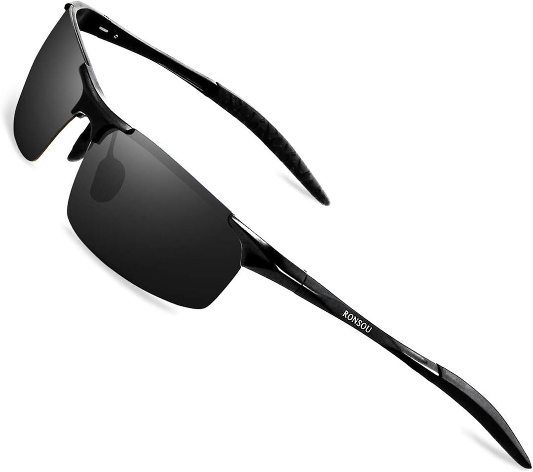RONSOU Mens Sunglasses Polarized Sport UV Protection Ultralight Al Mg Sunglasses for Men Fishing Driving Golf (G1 Black Frame Gray Lens)