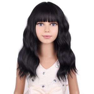 PATTNIUM Black Kids Child Wig Shoulder Length Black Wavy Wigs with Bangs for Gilrs Heat Resistant Synthetic Girls Wig Daily Wear Wigs