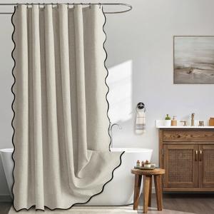 MIULEE 84" Long Scalloped Shower Curtain Linen Textured with 12 Metal Hooks Cute Extra Long Heavy Duty Washable Waterproof Cloth Shower Curtains with Black Border for Bathroom Hotel Bathtub,Linen