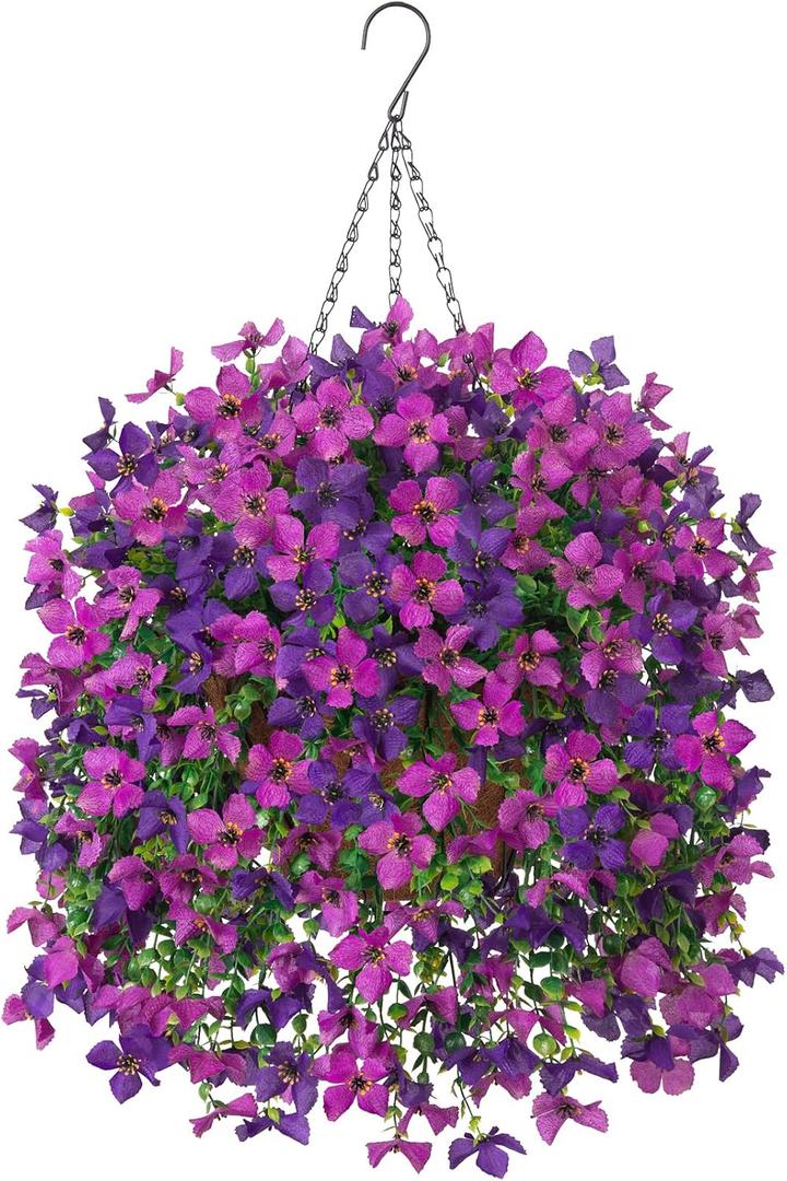 INXUGAO Artificial Hanging Flowers Plants with Basket for Outdoors, Realistic Faux Silk Daisy Flower Eucalyptus for Spring Decor, UV Resistant Fake Plants for Porch Patio Yard Balcony, Violet