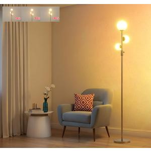 Fiqevs Upgrade Dimmable Floor Lamp, 3 Globe Mid Century Floor Lamps for Living Room with Frosted Glass Shade and 3 LED Bulbs, Vintage Modern Gold Standing Lamp for Bedrooms, Office - Antique Brass