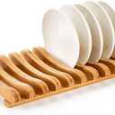 Frcctre Bamboo Dish Drying Rack, 10 Slots Bamboo Cabinet Plate Stand Dish Drainer Wooden Plate Rack Pot Lid Holder Kitchen Dish Plate Storage Organizer for Countertop Cabinet