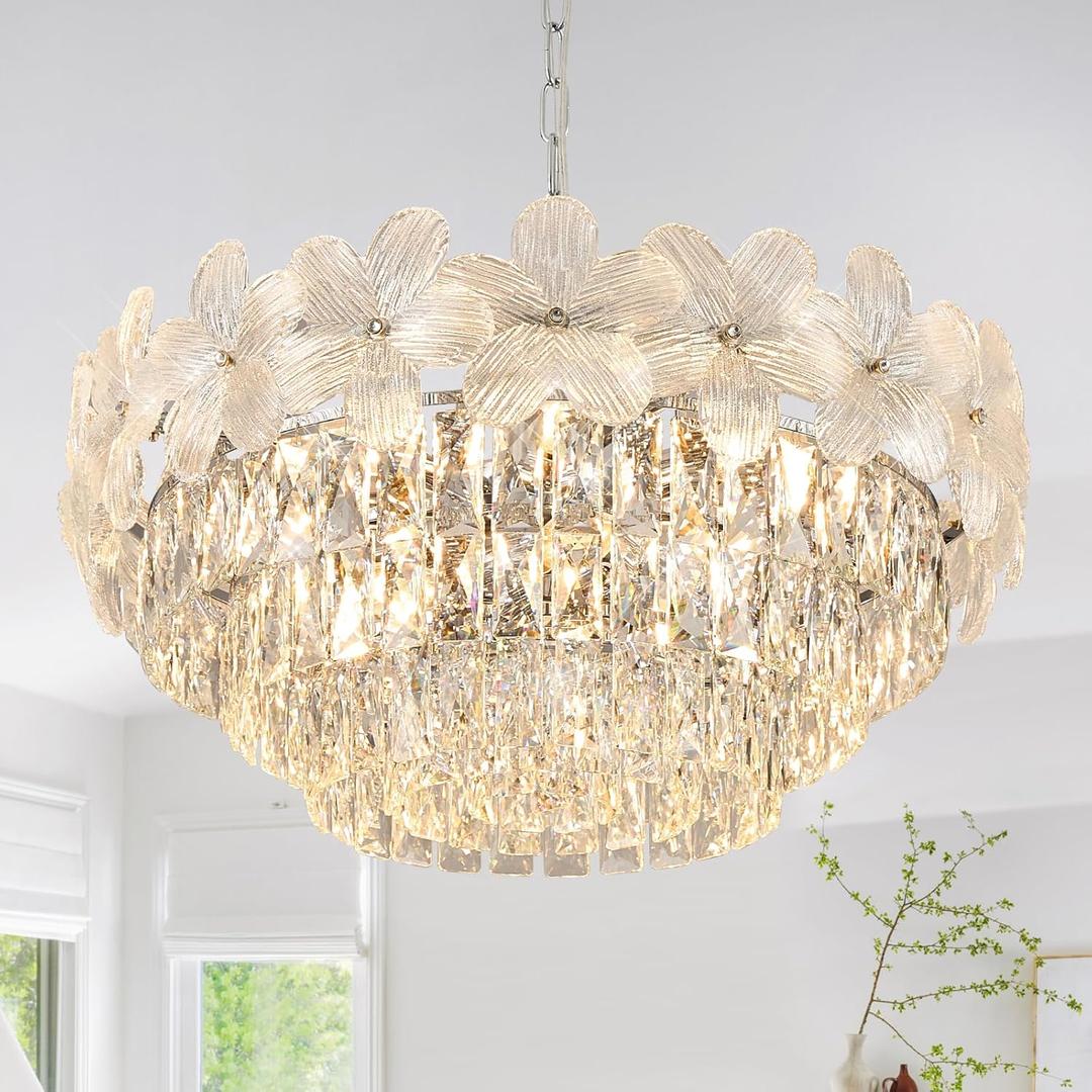 Chrome Modern Flower Crystal Chandelier 11 Lights 6-Tier Luxury Chandelier Light Fixture 24" for Living Dining Room Kitchen Entryway Bedroom Foyer, E12