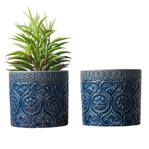 MyGift 4 Inch Cobalt Blue Ceramic Indoor Small Planter Vase, Succulent Plant Pot with Embossed Design and Solid Bottom, Set of 2