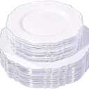 WDF 100pcs Silver Plastic Plates - High-end Baroque Design - Heavy Duty White &Silver Plates for Upscale Parties &Wedding