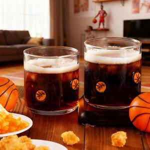 Bokon 2 Pcs 14 oz Basketball Icon Glass Cups Sport Icon Juice Glass Old Fashioned Hand Blown Drinking Cups Drinkware Gift Set for Party Decoration Friends Lovely Gifts (Clear)