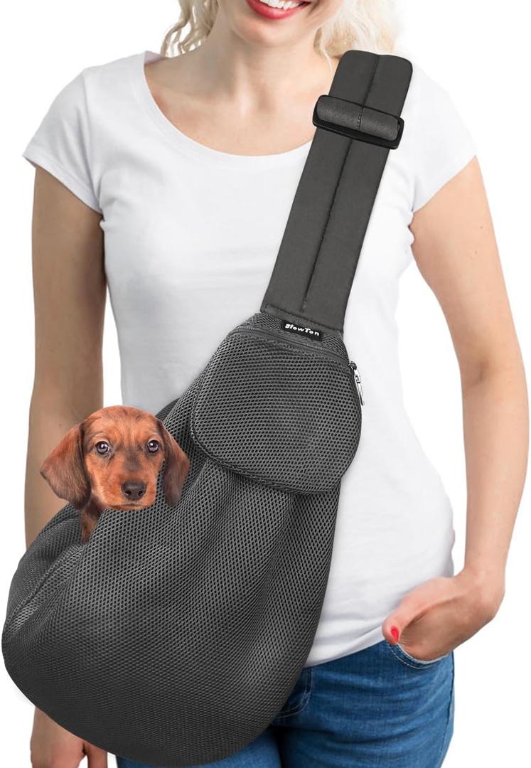 SlowTon Dog Carrier Sling - Thick Padded Shoulder Strap Adjustable Dog Carriers for Small Dogs, Puppy Carrier Purse for Pet Cat with Front Zipper Pocket Safety Belt Machine Washable (Grey Mesh L)