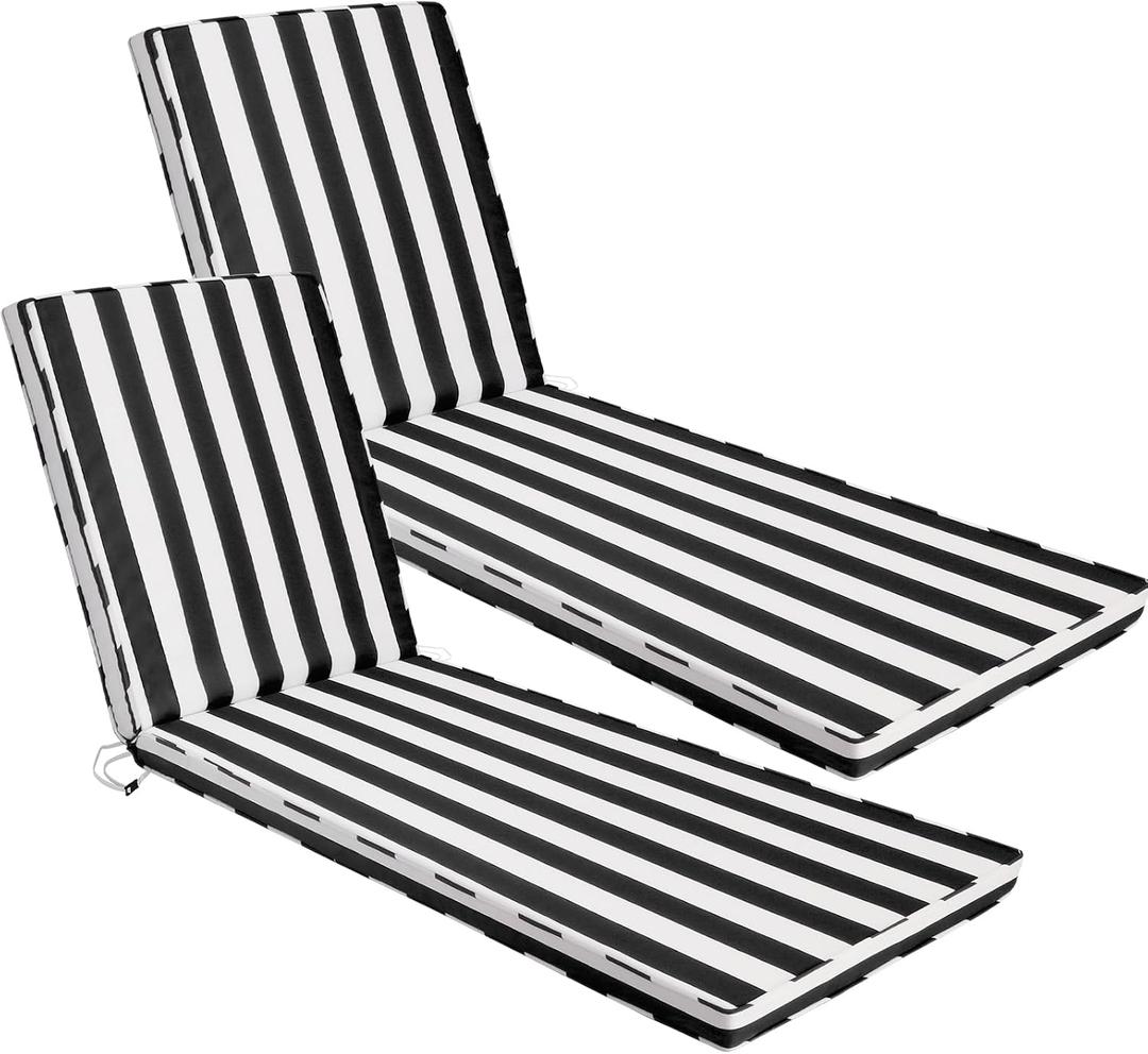 Chaise Lounge Cushions Outdoor Set of 2, 71"x22"x3" Patio Lounge Chair Furniture Cushions with Washable Covers for Pool, Patio, Lawn (Black+White Stripes, 2 Pcs)