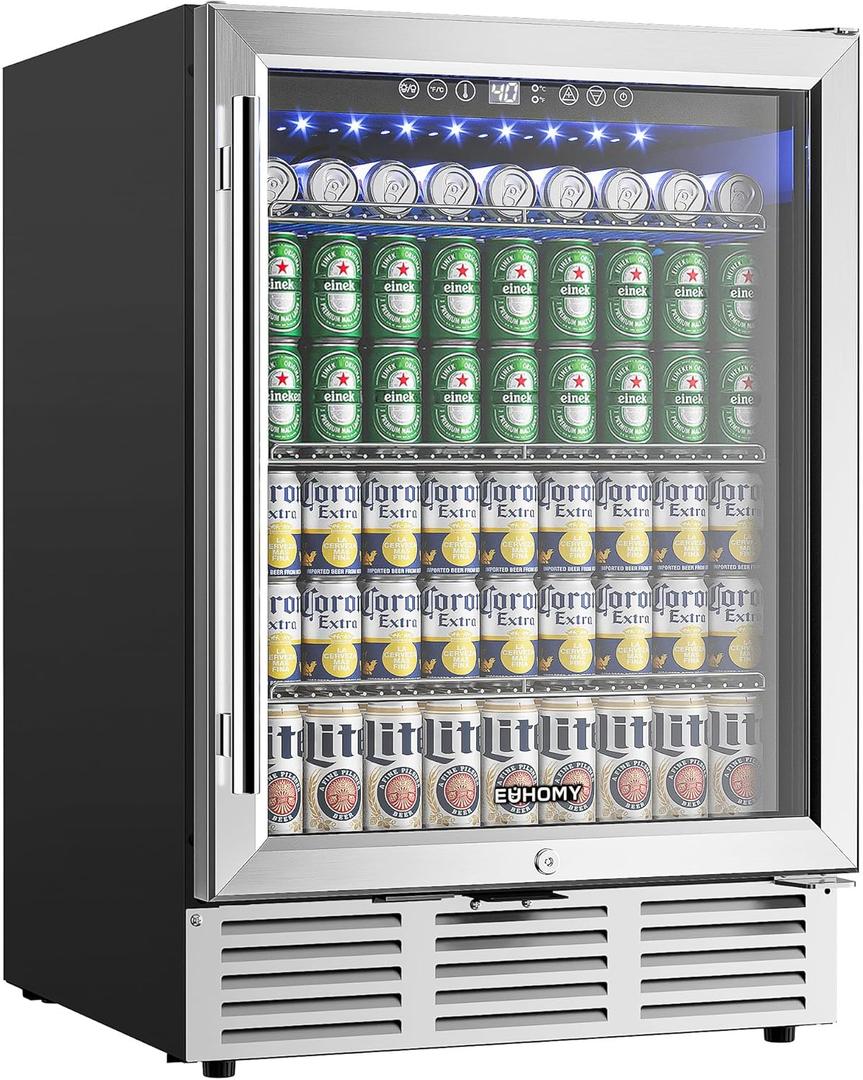 EUHOMY 24 Inch Beverage Refrigerator, 180 Can Built-in Beverage Cooler, Under Counter Beer Fridge with Glass Door for Soda, Water, - For Kitchen, Bar or Office