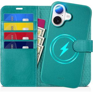 TUCCH Case Wallet for iPhone 16, [Detachable] [2 in 1] Stand RFID Blocking 4 Card Slots Wireless Charging Shockproof Case, PU Leather Magnetic Removable Flip Cover Compatible with iPhone 16, Cyan (Full Textured Cyan)