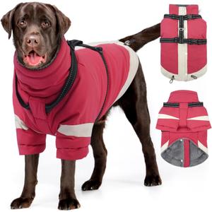 MIGOHI Rainproof Dog Winter Jacket with Harness,XXL Large Fleece Dog Coat with Sleeves,Adjustable Pet Puffer Jacket Snowsuit Cold Weather Coats for Golden Labrador Retriever,XXL,Pink (2XL(Chest:35.4"))