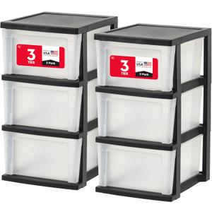 IRIS USA Plastic Drawer Storage Organizer, 3-Drawers, 2-Pack, for Classroom Art Craft Supplies, Bathroom Bedroom, Laundry Room, Black/Clear