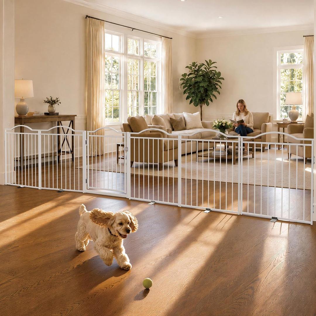 No Pawblems Metal Freestanding Foldable Dog Gate with Door, 30'' Tall