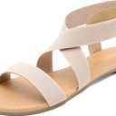 DREAM PAIRS Women's Elastic Ankle Strap Flat Sandals Summer Dressy Shoes Cute Strappy Gladiator Sandals (Beige, 11)