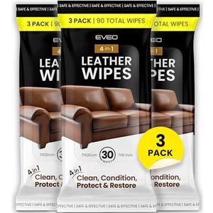 EVEO Leather Cleaner Wipes 4-in-1 Leather Cleaner and Conditioner for Furniture - Leather Couch Cleaner, Car, Shoes & Purses – UV Protection, XL Moistened Wipes Restore & Protect – 3 Pack (90 Total)