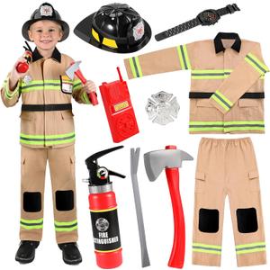 GIFTINBOX Firefighter Costume For Boys,Fireman Costume For Boys With Accessories Toddler Halloween Costumes For Kids 3-12 (S(5-6Y), Yellow)