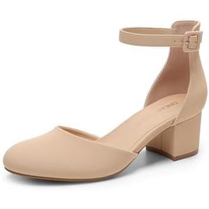 DREAM PAIRS Women's Closed Round Toe Low Block Heels Ankle Strap Chunky Heel Pumps Dress Wedding Office Party Shoes, Size 7, Beige