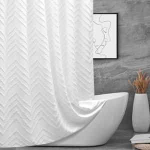 78 inch Shower Curtain Tall Shower Curtain 78 Inches Long White Tufted Chevron Striped Fabric Shower Curtains for Bathroom Modern Shabby Chic Waterproof Cloth Shower Curtains, White (72"W x 78"L (Pack of 1))