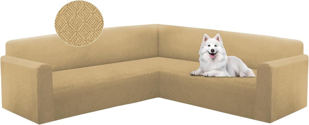 HDCAXKJ Sectional Couch Cover L Shape Stretch Sofa Covers Washable Jacquard Corner Couch Slipcover Non Slip Sectional Slip Cover U Shaped Furniture Protector for Pets Dogs (Tan, X-Large)