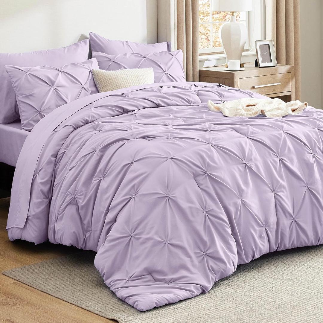 Bedsure Full Comforter Set Light Purple - Bed in a Bag Full Size Bedding Set 7 PCS, GentleSoft Pintuck Bed Set Gift for Family, All Season Down Alternative Comforter with Sheets, Pillowcases & Shams