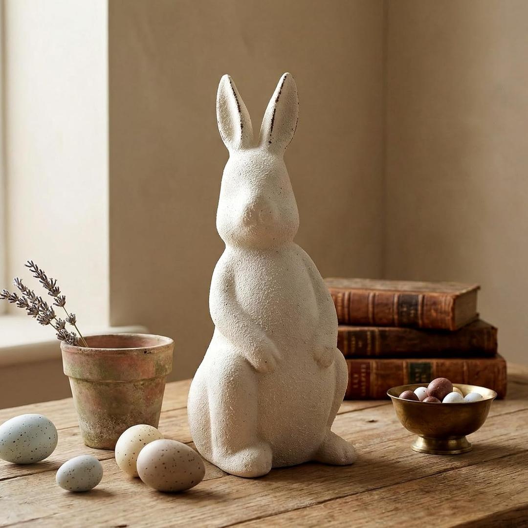Threehoney Easter Terracotta Bunnies Decor Rustic Terracotta Rabbit Standing Bunny Sculptures Ornaments Decorative White Farmhouse Vintage Rabbit Statues Figures Gift for Spring Easter Home Decor
