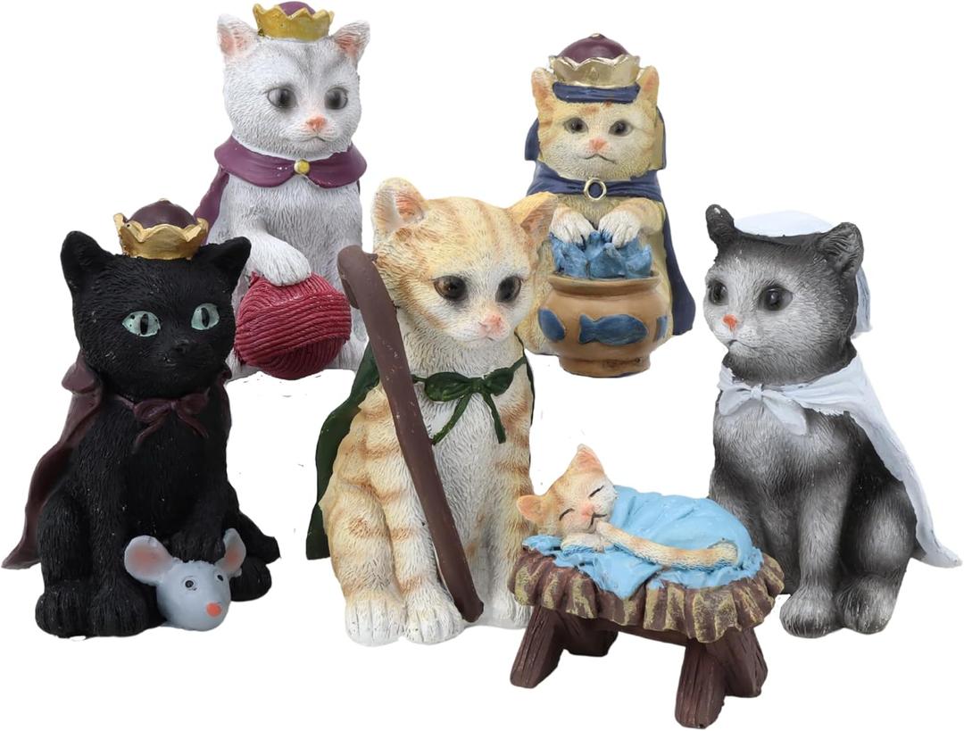 Needzo Cat Nativity Set, Unique Christmas Home Decoration, Festive Kitten Figurines for Centerpiece, 6 Pieces, Up to 3.75 Inches