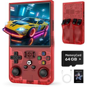 R36MAX Retro Handheld Game Console, 64GB Retro Gaming Console with 4.0 Inch Screen, Portable Video Game Consoles with 4000mAh Battery and Multiple Emulators, Open Linux System (Transparent Red)